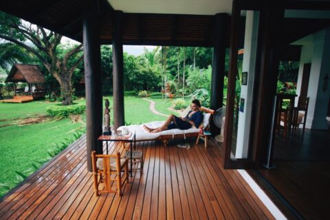 A man enjoying his backyard
